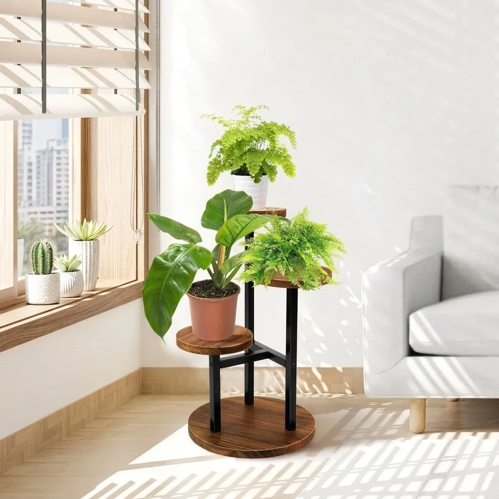 Three-Tier Wooden Plant Stand for Corner Display Using Thermally Stabilized Pine Wood and Noise-Reducing Floor Pads