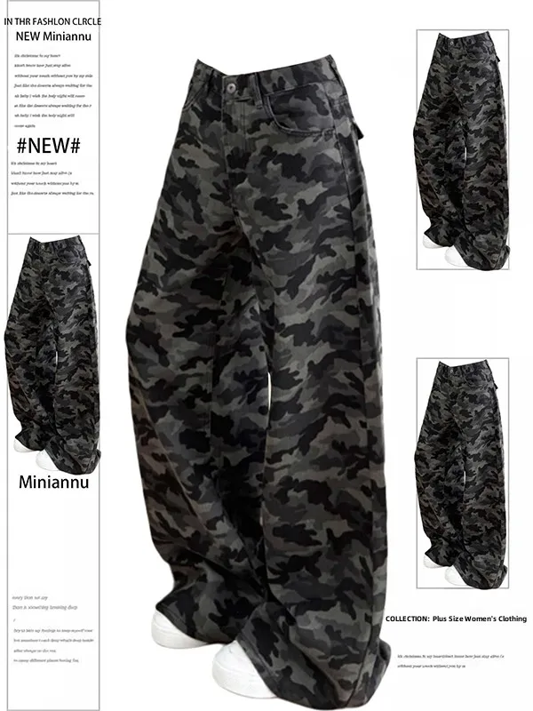 

American Style Vintage Camouflage Workwear Jeans Women's Summer Thin Loose Slimming plus Size Pear Shaped Wide Leg Pants