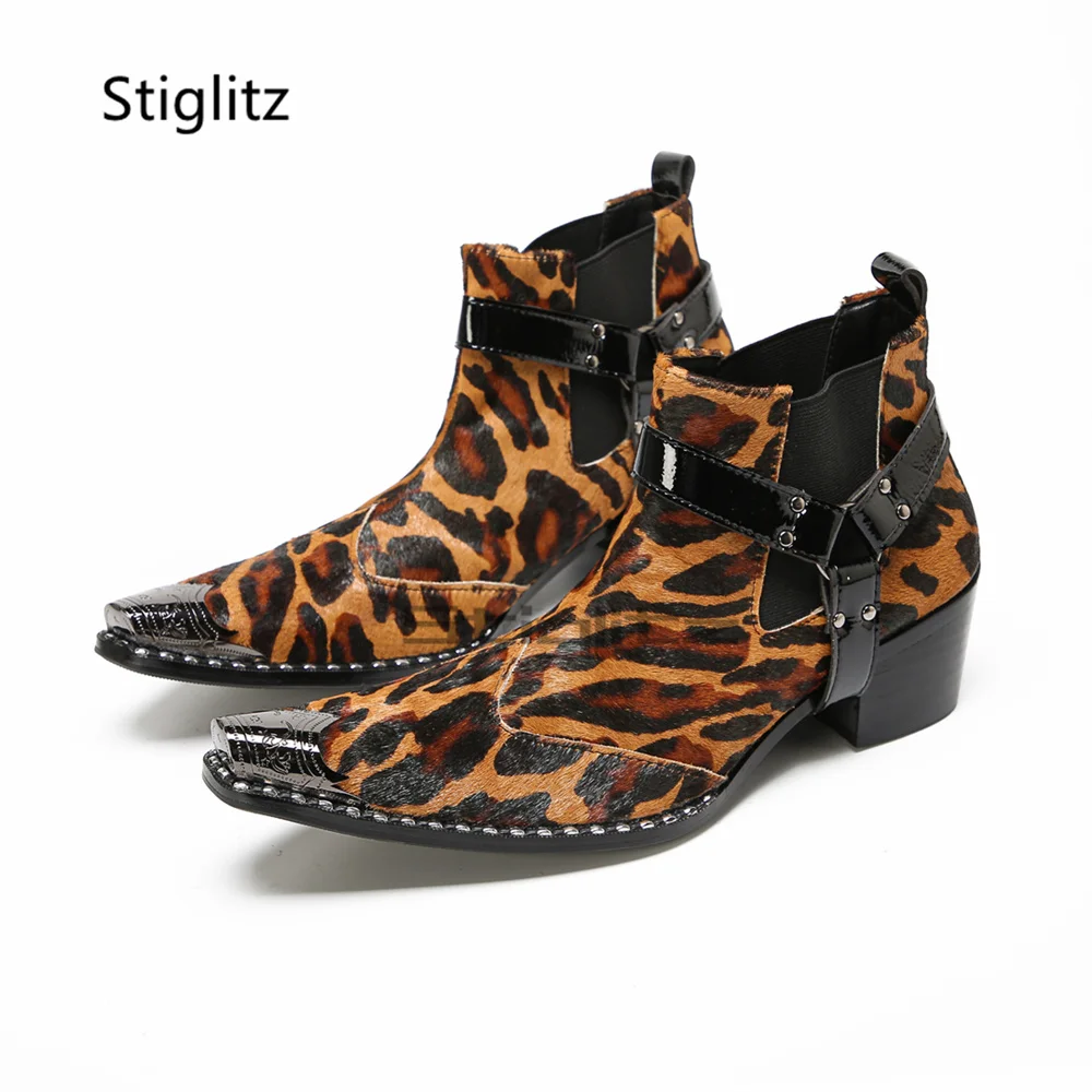 Leopard Print Horsehair Chelsea Boots for Men Metal Pointed Toe High Heels Slip On Buckle Strap Ankle Boots Party Business Shoes