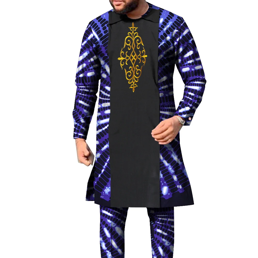 

2 Pcs Set African Outfits for Men Long Sleeve Dashiki long Shirt and Pants African Print Clothing Patchwork Men Suit WYn1858