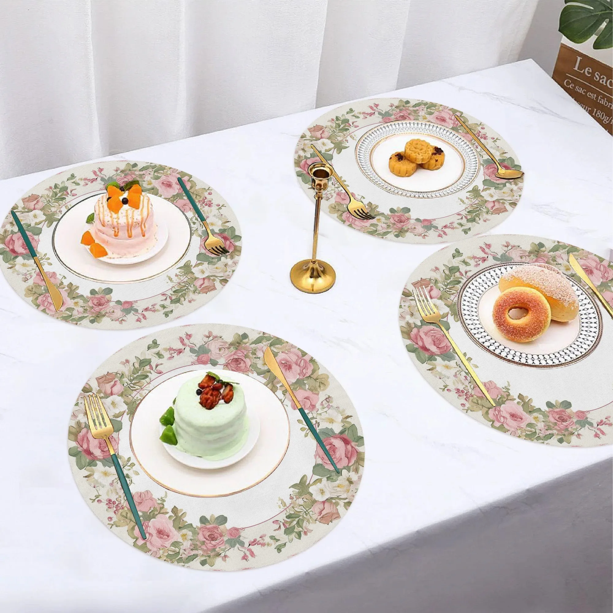 VIKAMA 4PC Rose Flower Meal Mat Round Table Afternoon Tea Restaurant Desktop Decoration and Accessories