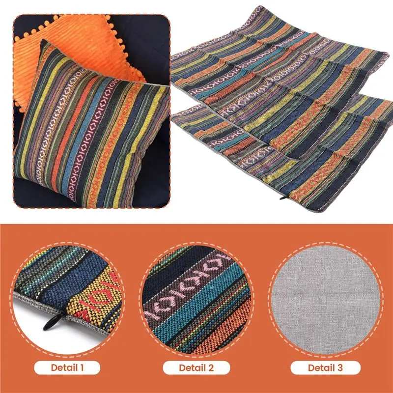 Set Of 2 Bohemian Throw Pillow Covers Decorative Boho Mexican Retro Stripe Multicolor Pillow Cases, For Sofa 18X18inch-A21R