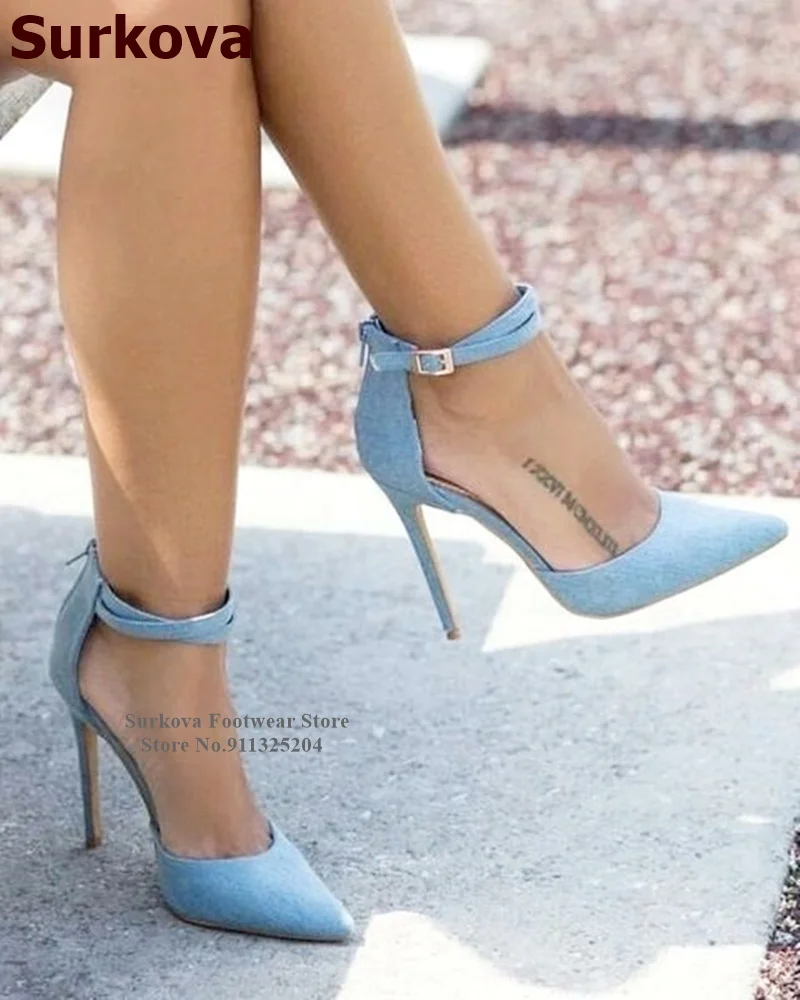 Surkova Blue Denim Pointed Toe High Heel Shoes Ankle Buckle Strap Stilettos Banquet Pumps Elegant Daily Dress Footwear Size46