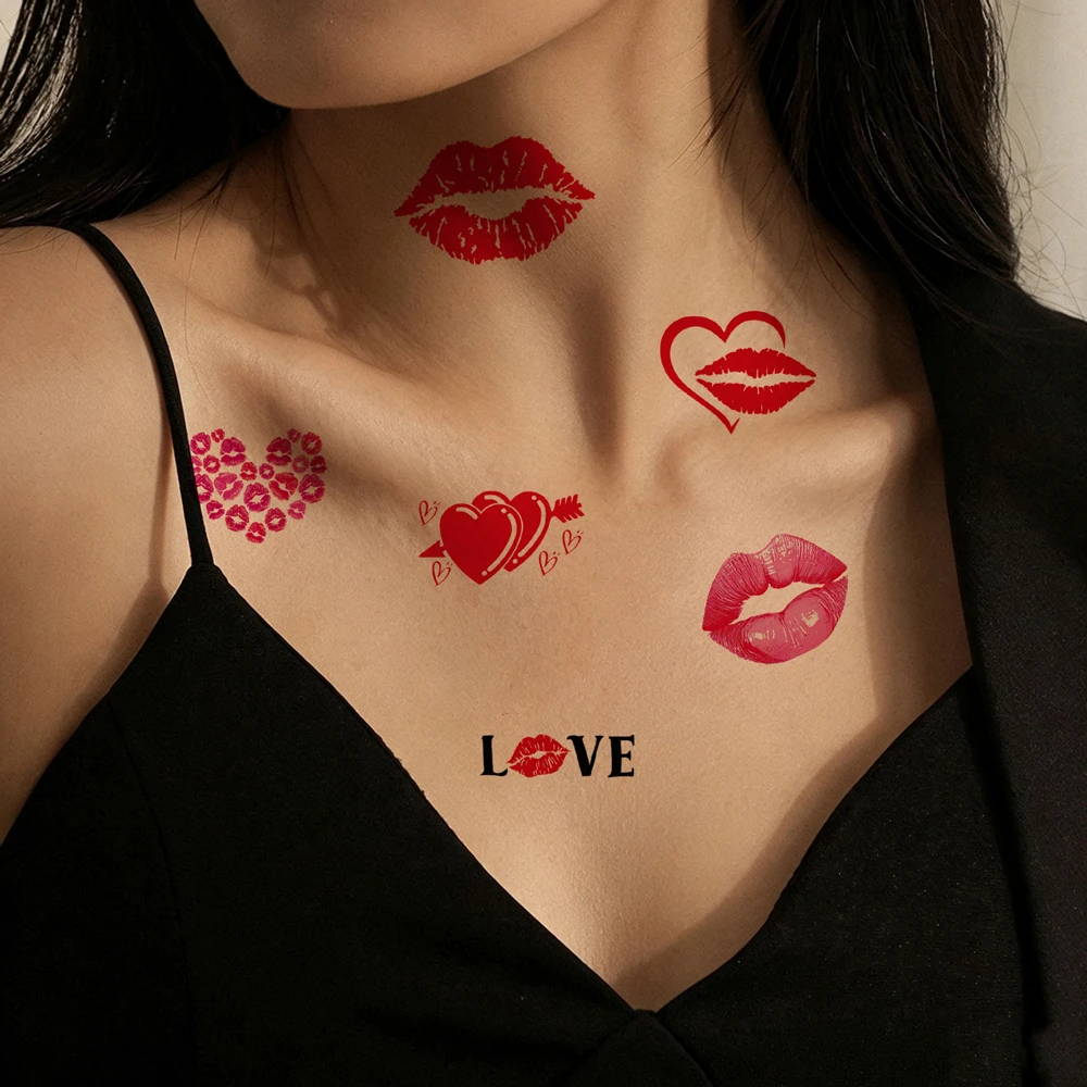 4 Sheets Waterproof Lips Temporary Tattoos for Women Flower Rose Heart Tattoo Stickers For Face Arm Valentine's Day Body Sticker