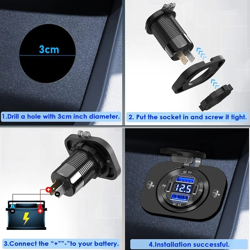 4 Port 12V USB Outlet Charger,Dual PD & QC Multiple USB Port For Car, USB C-Cigarette Lighter Replacement 12 Volt Socket