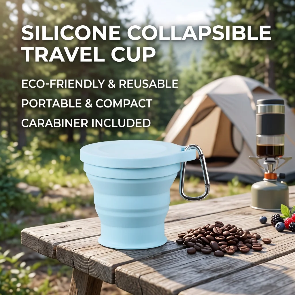 Silicone Collapsible Travel Cup Eco-Friendly Reusable Portable Foldable Mug with Carabiner Lid for Outdoor Camping Hiking Travel