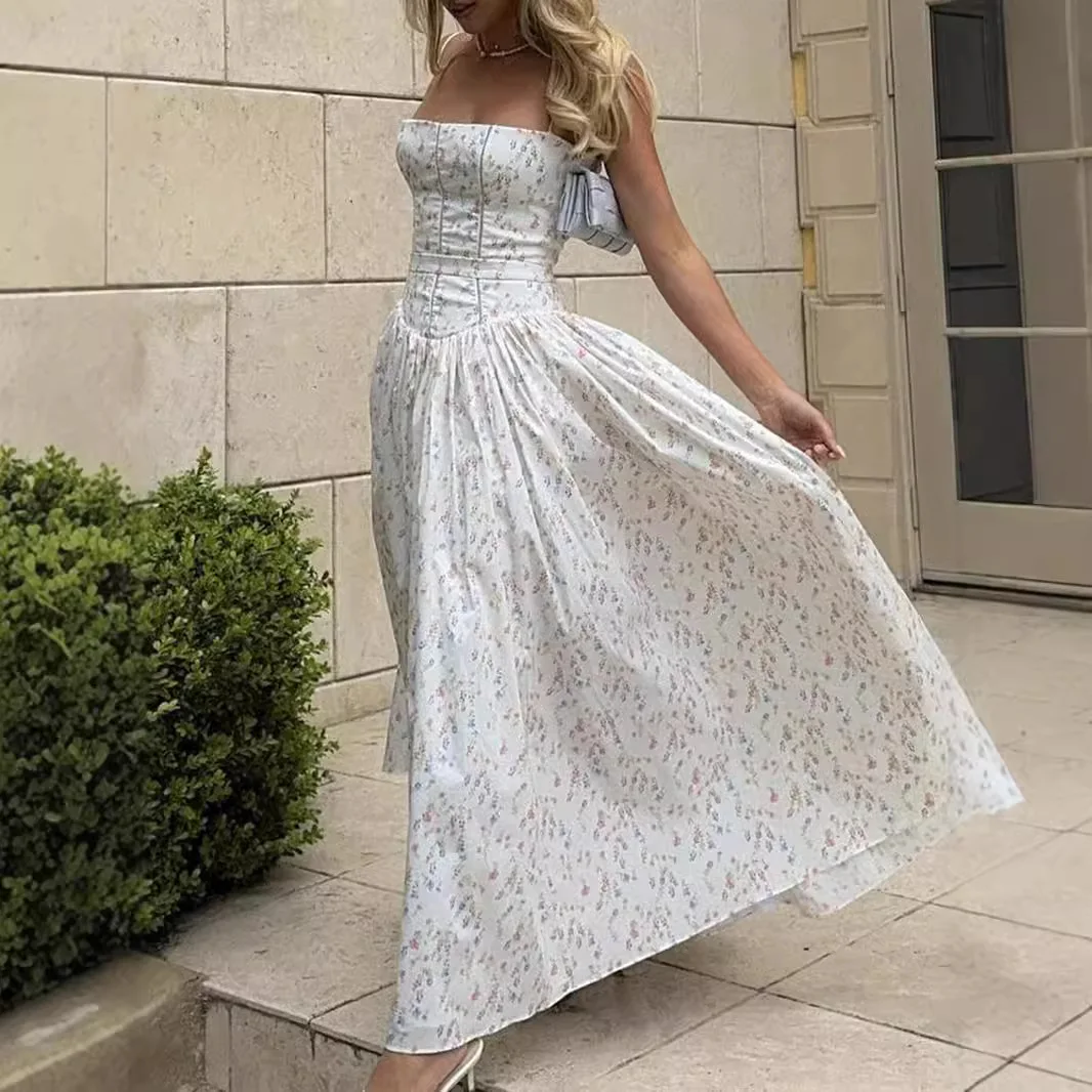 Ropa de mujer Sexy ajustado blanco Floral puro viento vestido largo Spice Girl vestido con tirantes verano mujer alto sentido