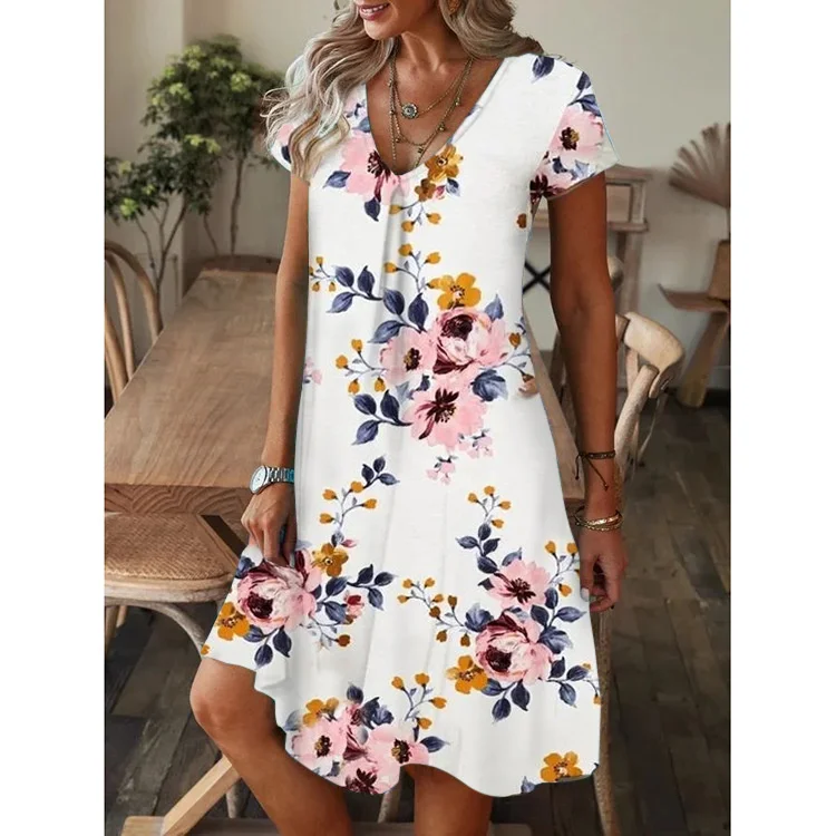 Summer Women's Casual V-neck Loose Print Short Sleeve Dress