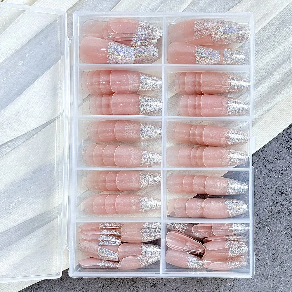 

120 шт. накладных ногтей средней длины, глянцевые, с лазерным глиттером и градиентом, полное покрытие, искусственные ногти для маникюра