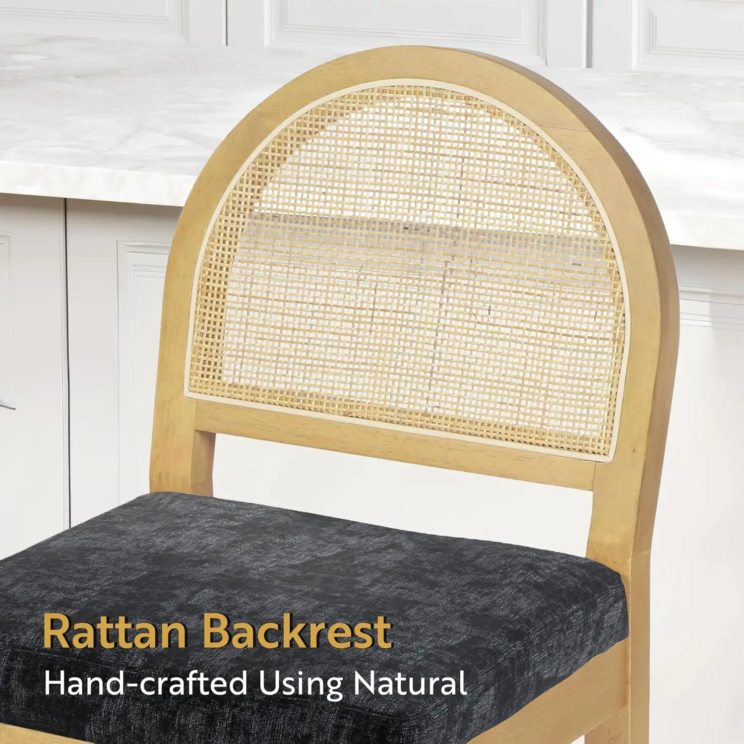 Bar Stools 2 Pcs Counter Height Wooden Woven Back & Chenille Seat Mid Century Kitchen Island Black, Customized