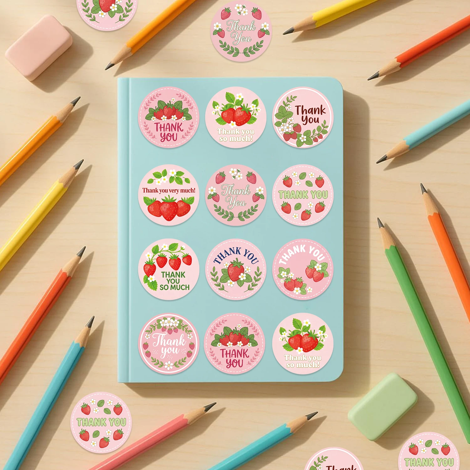 500PCS Strawberry Thank You Stickers DIY Adhesive Labels Envelope Gift Sealing Stickers Birthday Party Cupcake Decoration PVC