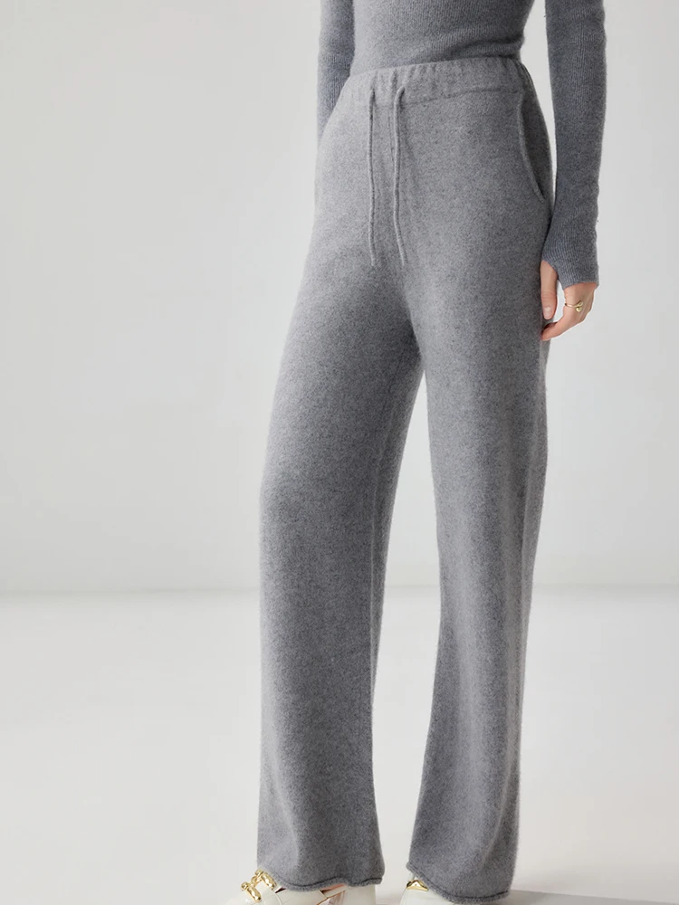TLOML Women‘s 100% Cashmere Knitwear Pocket Leg Wide-leg Pants Autumn Winter Cashmere Drawstring Soft Warm Casual Thick Trouser
