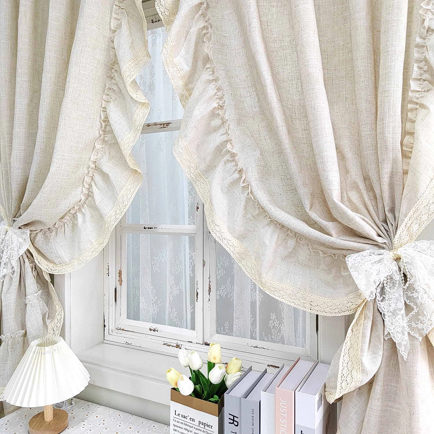 1PC Vintage Ruffle Solid Curtain for Living Room Semi-Shading Window Drape With Lace Study Balcony Hotel Home Decoration