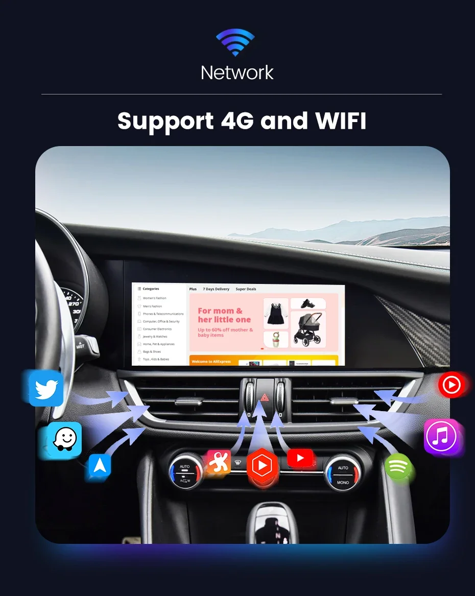 

10,25 "Qualcomm для Alfa Romeo Giulia 2017-2024 Android13 Автомобильный радиоприемник Мультимедийный стереоплеер GPS-навигация Беспроводной Carplay