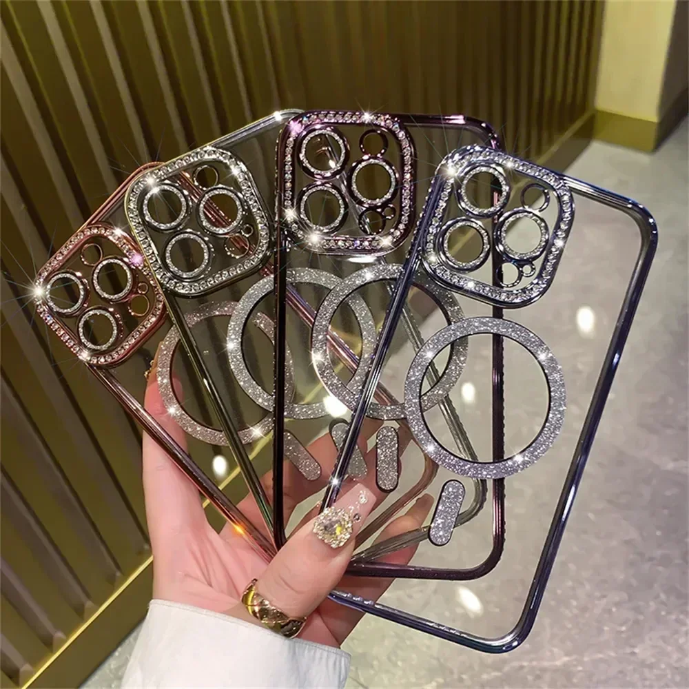 Neue, modische, glitzernde, transparente Hülle mit Diamant-Optik für iPhone 18 Pro Max, 17, 16, 15, 14, 13, 12 – magnetische Schutzhülle mit kabelloser Ladefunktion. – Detail 2