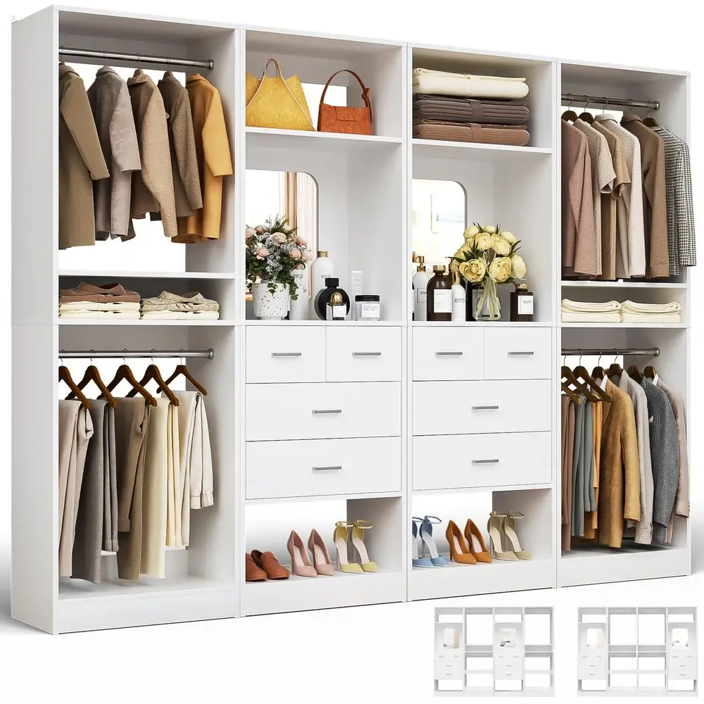 

100 Closet System with Drawers, 8.3FT Wood Closet Organizer with Hanging Rods and Mirror Design, Reversible Large Walk in Wardr