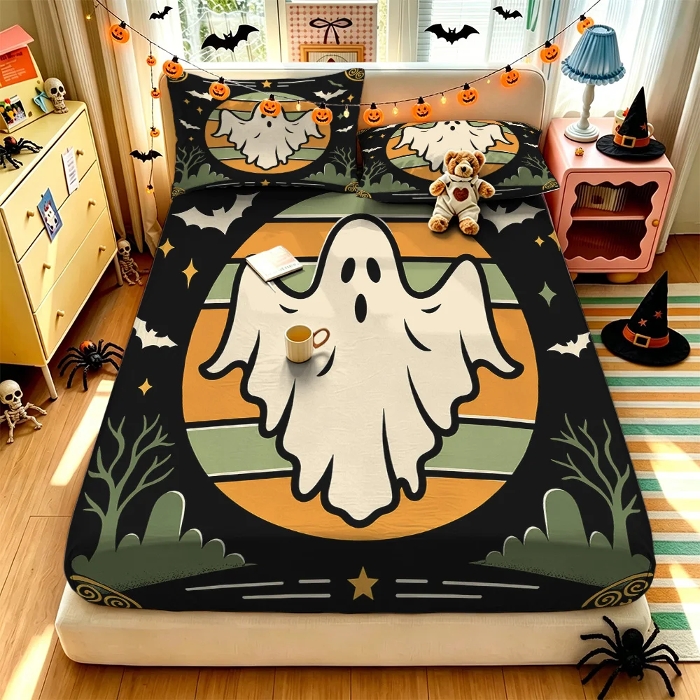 3PCS Retro Halloween Ghost Bat Bedding Set with Pillowcase and Duvet Cover, Soft Bedding Decoration for Bedrooms