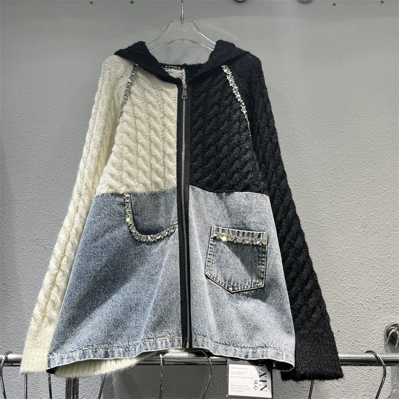 

SuperAen Fashion Twisted Knitting Coats for Women Hooded Denim Patchwork Cardigan 2026 Autumn and Winter New Coats