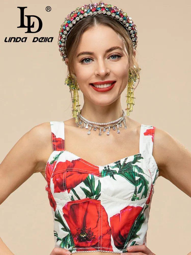 LD LINDA DELLA 2023 Women Summer Fashion Vacation Spaghetti Strap Flower Cotton Short Tank Tops