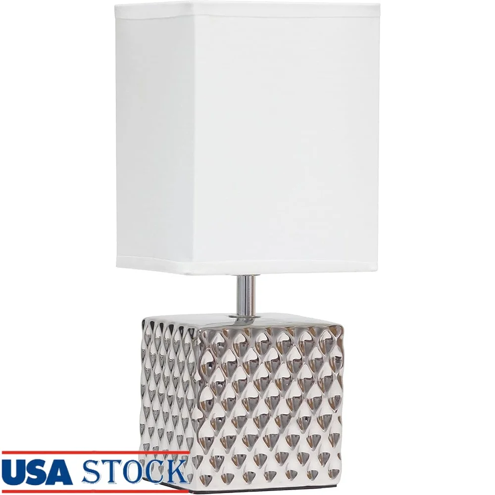

Modern Chrome Hammered Square Table Lamp with White Fabric Shade Easy Access Switch Bedroom Living Room Small Spaces
