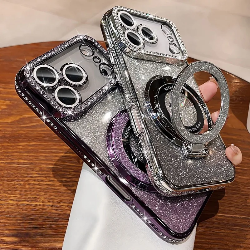 Glitter Magsafe Bracket Case for iPhone 17 16 15 11 12 14 13 Pro Max Plating Soft Bling Diamond Luxury Cover for iPhone 17 Air #3