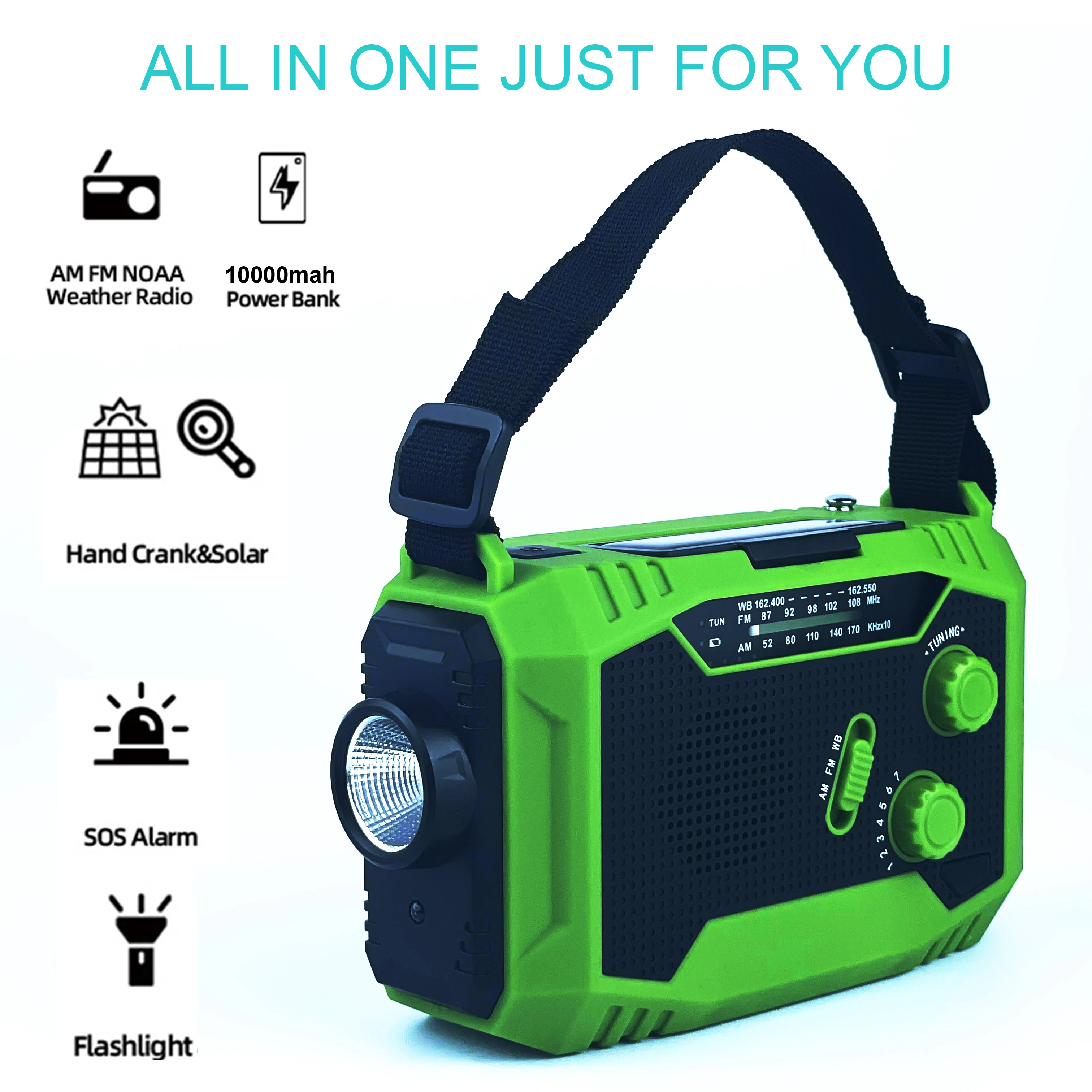 Emergency Weather Radio,Outdoor Portable Hand Crank Radio Solar Powered,AM/FM, SOS Alarm,LED Reading Lamp,Flashlight,Power Bank