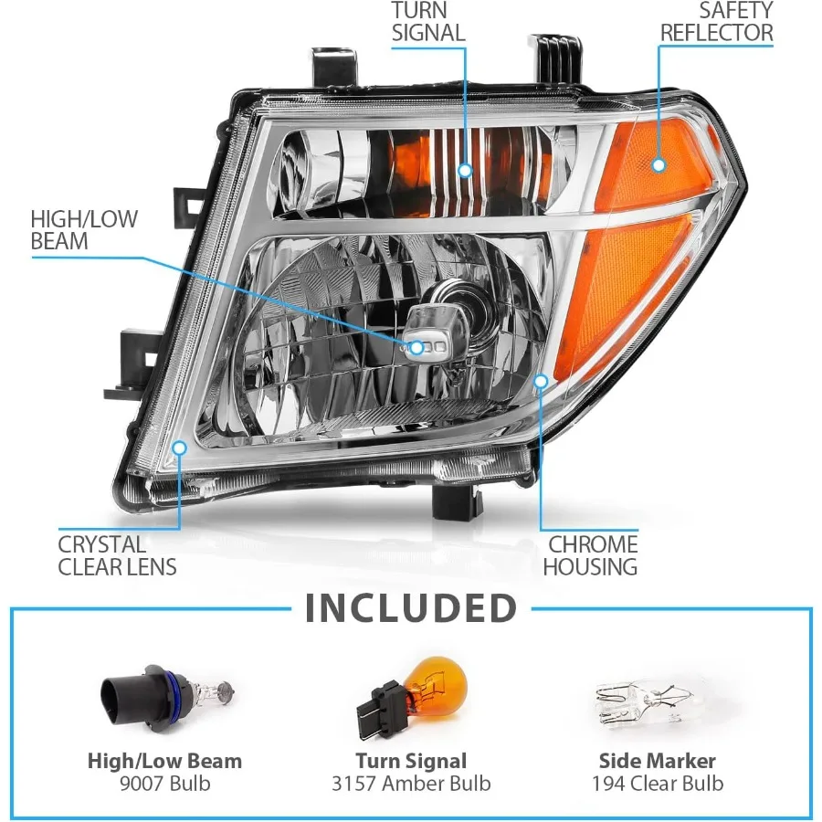 مجموعة مصابيح أمامية هالوجين SUV بديلة من الكروم لسيارة 20052008 Frontier و 20052007 Pathfinder كاملة للسائق والركاب