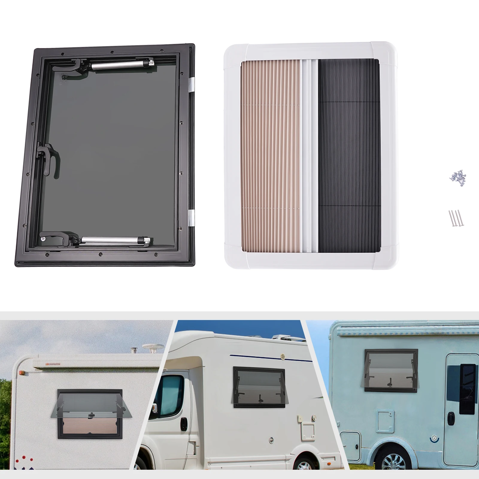 

RV Caravan Camper Van Push Out Window(600x450mm)—Aluminum Alloy/Tempered Glass, 65° Open, Insect Screen, Fits 30-80mm Walls