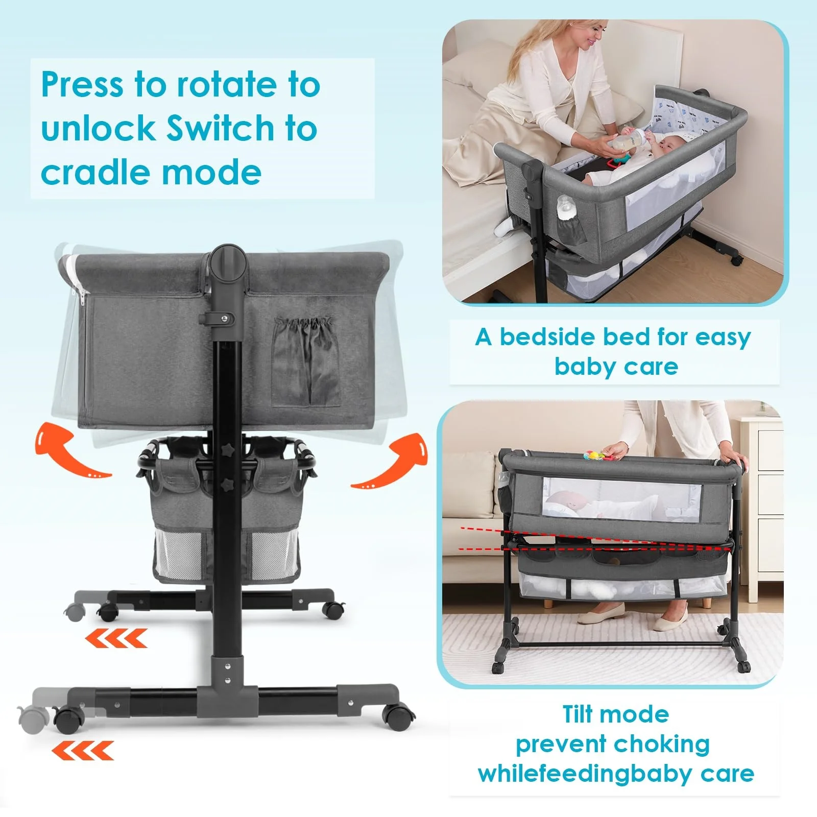 Portable Baby Bedside Bassinet with Mattress and Wheels Travel Crib and Rocking Sleeper for Newborns Next to Me Crib Bed