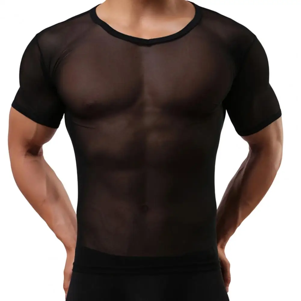 Plus Size Men T-shirt O-neck Short Sleeve thin Solid Color t shirt See-through Hollow Out Mesh Sport tshirt Streetwear