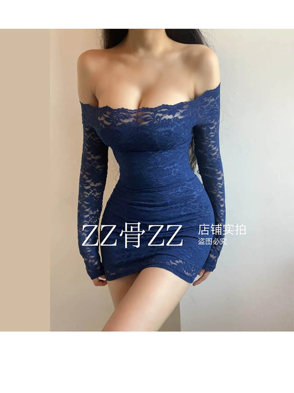 Blue Lace Mesh Slim Mini Dress Autumn New Style French Dress Elegant Feminine One Shoulder Slash Neck Lace Sexy Korean YRR6