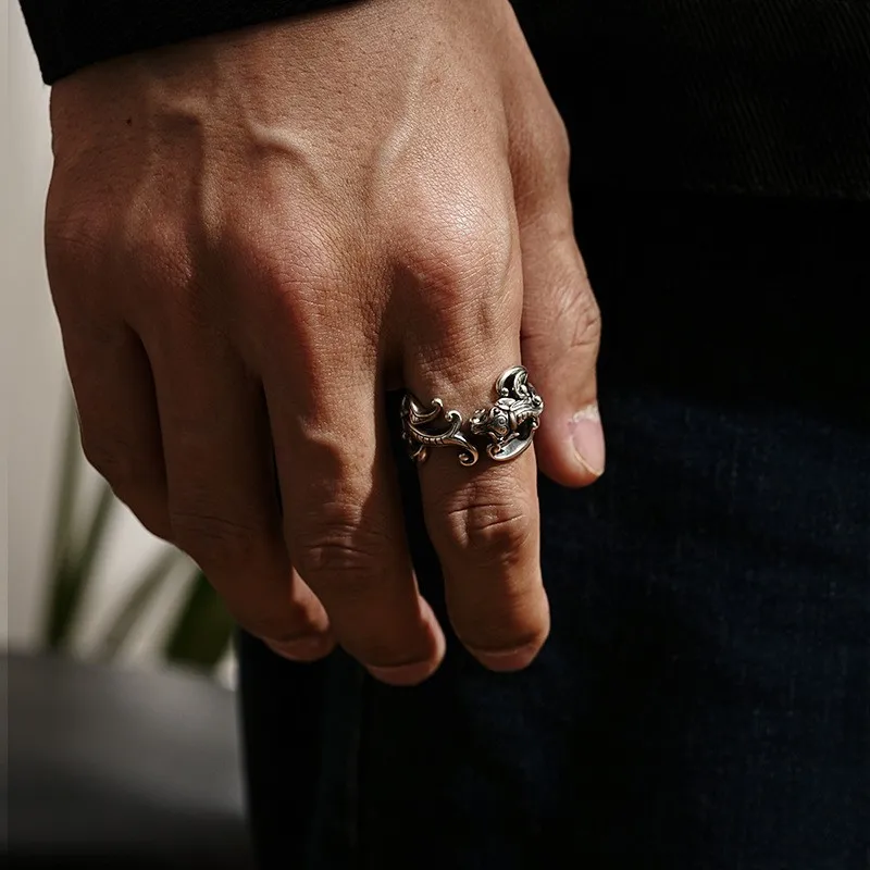 الرجعية القديمة Chilong خاتم الرجال التايلاندية الفضة الدائري الاتجاه الوطني التصميم الإبداعي الراقية افتتاح حلقة #6