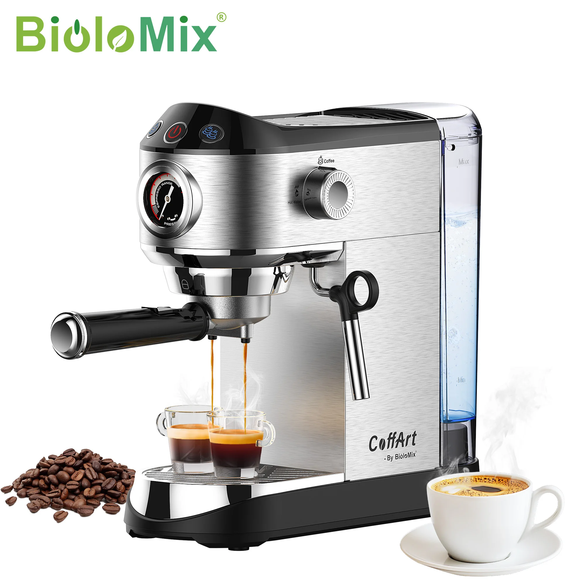 BioloMix Máquina de café en polvo semiautomática de acero inoxidable de 20 bares, con varita para espumar leche a vapor, para café expreso, capuchino