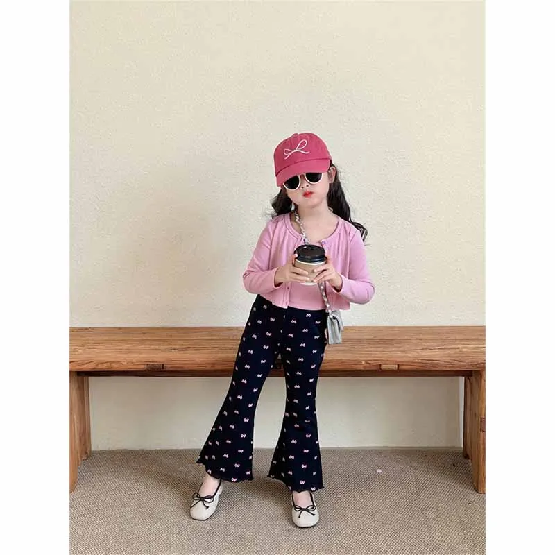 Girls Spring Sets Children\'s Undershirt Suit Baby Round Neck Tops Bow Tie Pants 3Pcs Autumn New Cute Casual Sportswear 2-8Y