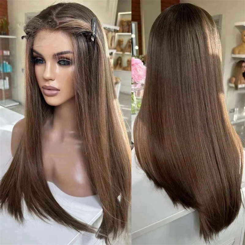 Synthetic Lace Front Wig Brown Straight Wig 13×4 Synthetic Glueless Wig Mix Blonde Hairline High Quality Natural Lace Wig