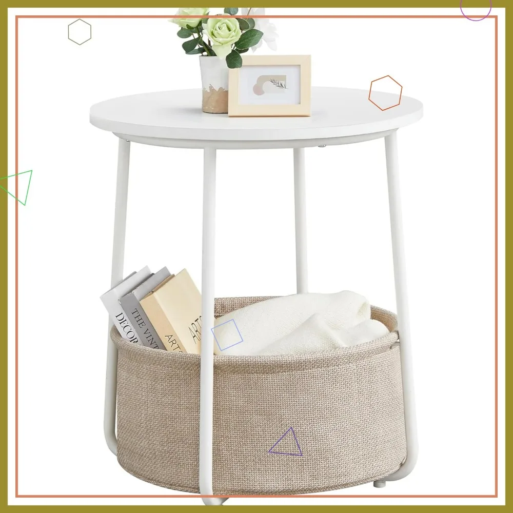 Modern Round Side Table with Fabric Storage Basket, Small Nightstand in Matte White and Brown