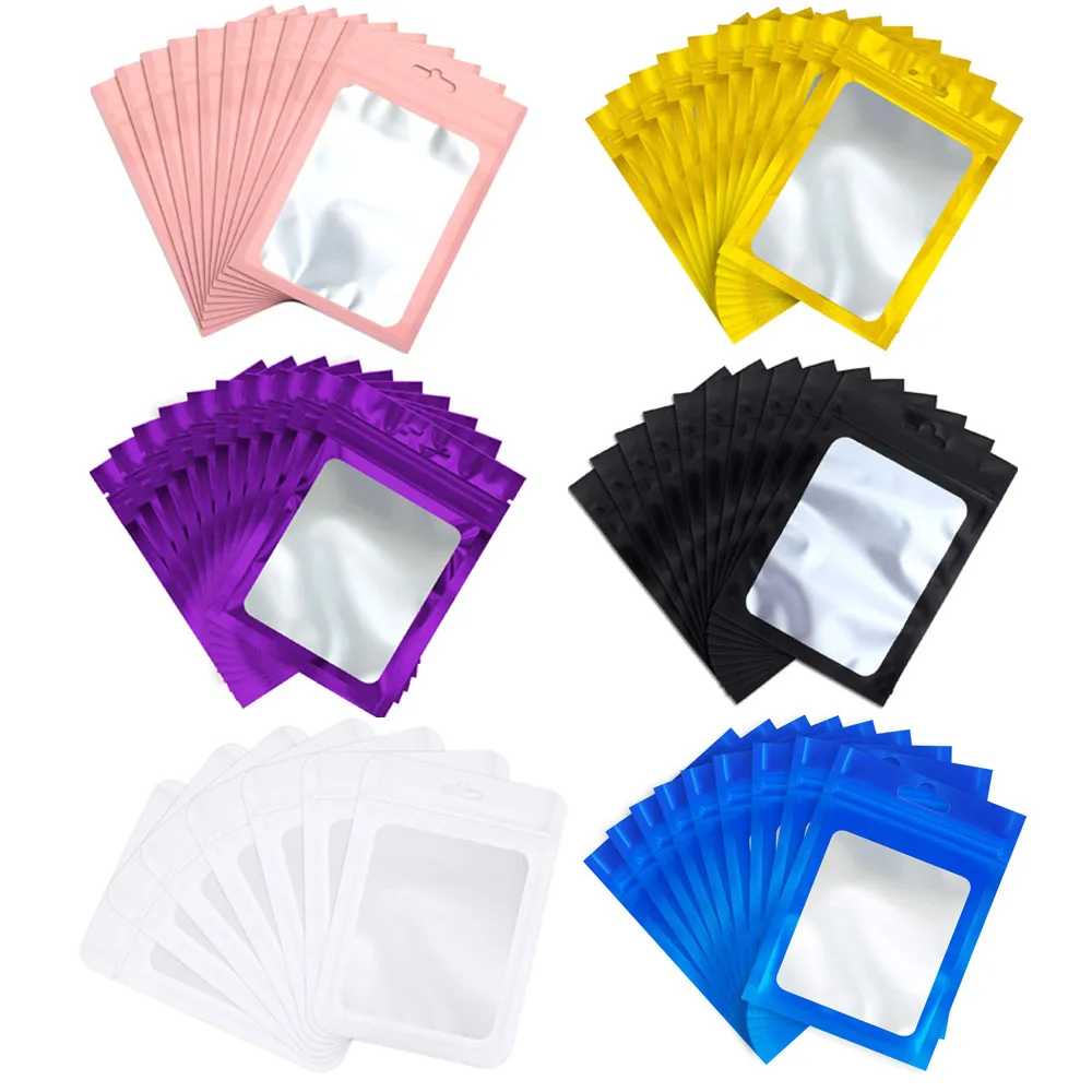 50 Uds. Bolsas con cierre de cremallera de papel de aluminio de colores con ventana transparente bolsas colgantes reutilizables para exhibición y embalaje de joyería