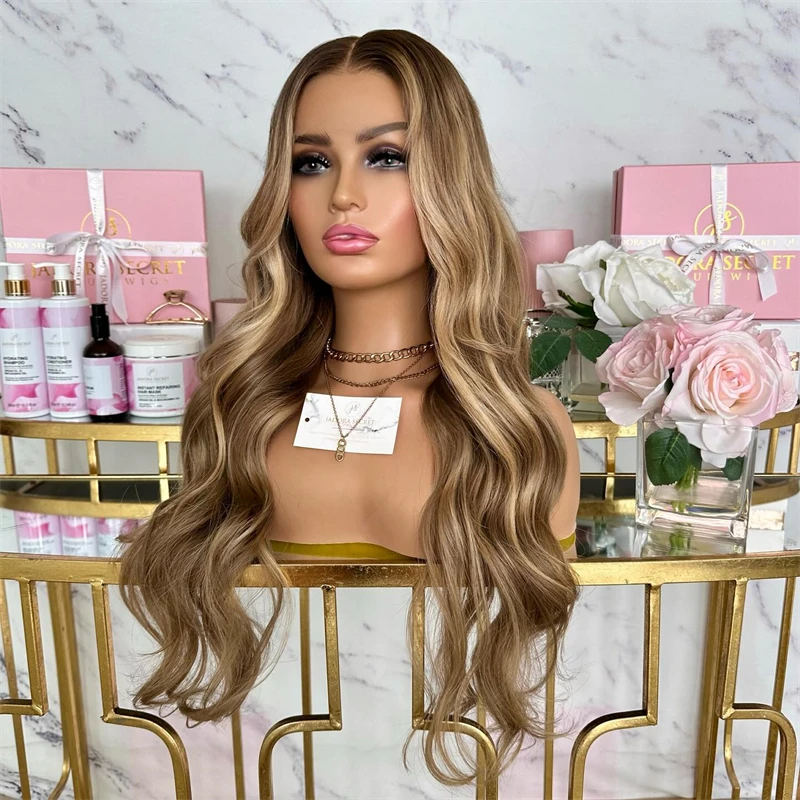 باروكات نسائية عسلي بني أشقر اصطناعي عالي الدقة باروكة أمامية من الدانتيل شعر مستعار أشقر نطاط مموج بواسطة Tayorichhair 28 بوصة