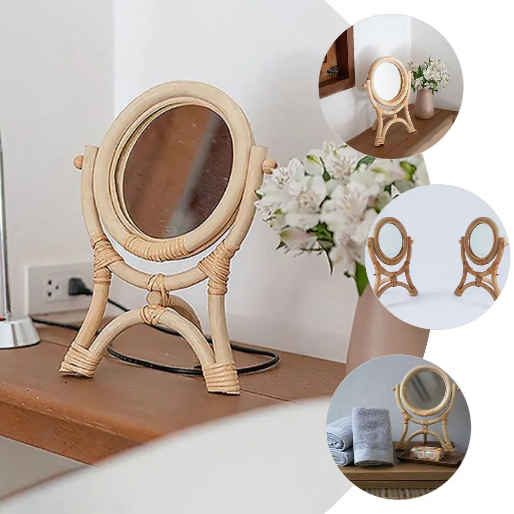 

Rattan Vanity Mirror with Adjustable Angle Rotatable Makeup Mirror for Desk Dressing Table Bedroom Bathroom Countertop Decor