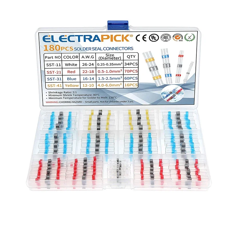 180pcs Heat Shrink Butt Crimp Terminals - Solder Seal Electrical Connectors for Automotive and Marine Wire Cable Splicing