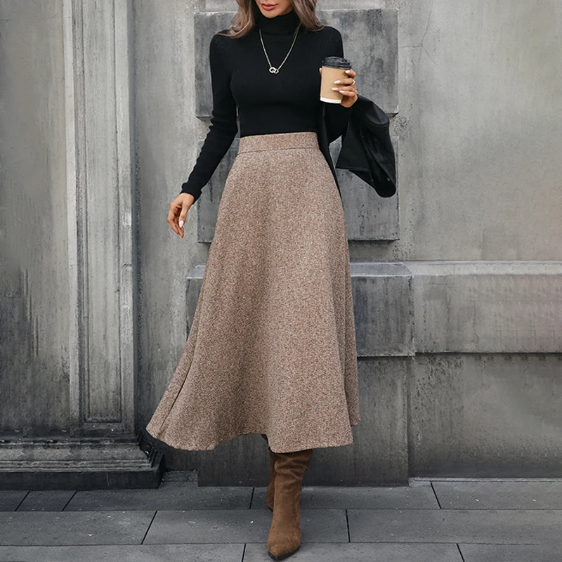 OMSJ 3 ألوان 2025 الخريف الشتاء خمر ألف اصطف سوينغ الصوفية تنورة المرأة مرونة عالية الخصر ميدي التنانير الطويلة ملابس الشارع الشهير غير رسمية