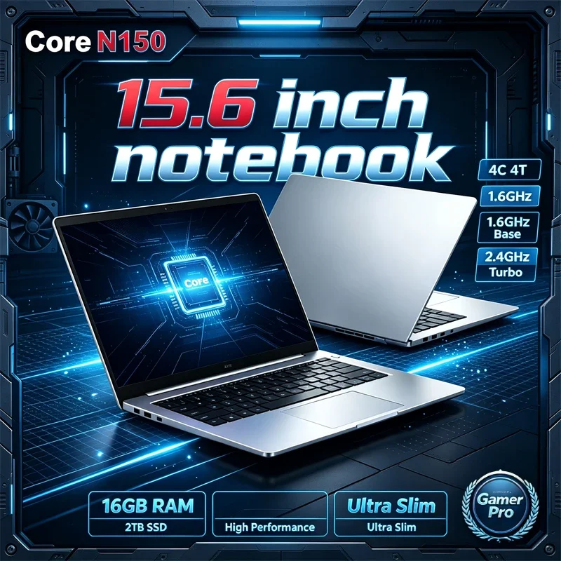 15.6 Inch Full HD IPS Laptop 120Hz Screen Intel Core N150 32GB RAM 2TB SSD Backlit Keyboard Long Battery Life Windows 11