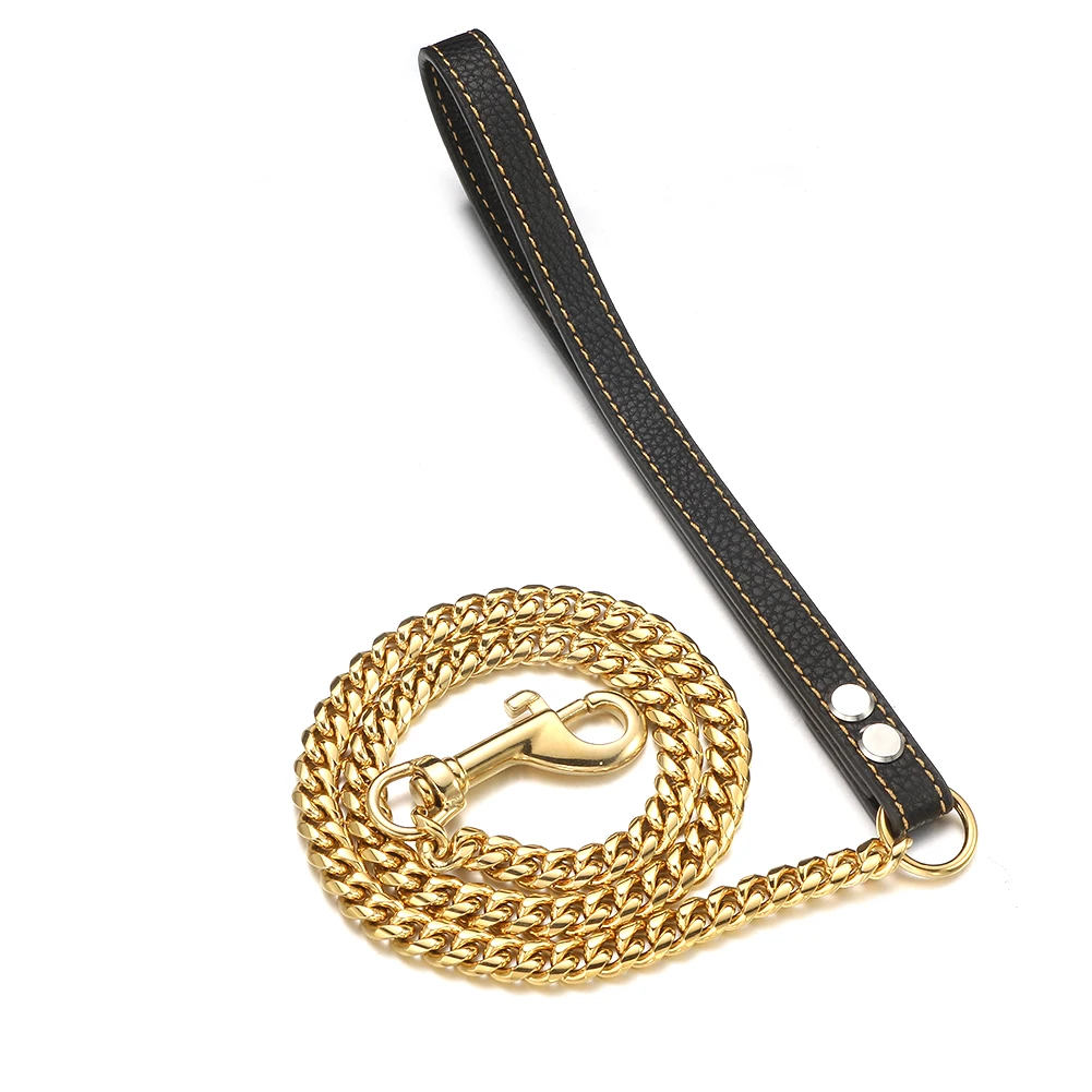 10mm/14mm Gold Tone 316L Stainless Steel Curb Cuban Link Chain Leash with Leather Handle for Pitbull Yorkie Shepherd 3FT/4FT/5FT