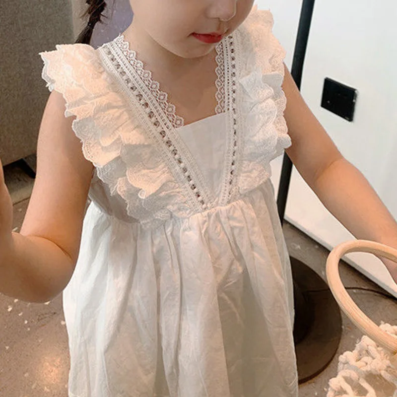 Children's Clothing Girls Summer Style White Versatile Hook Flower Hollow Square Neck Lace Sleeveless Sweet Vest Princess Dress