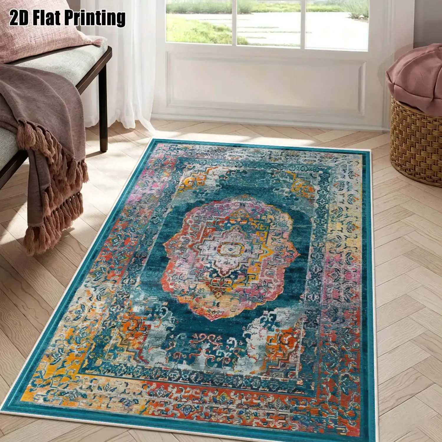1Pc 2D Printed Velvet Carpet, Retro Floral & Geometric Patterns, Multi-Size, Machine Washable, Ideal for Home Decor, Living Room, Bedroom, Dining Room, Entryway, Study