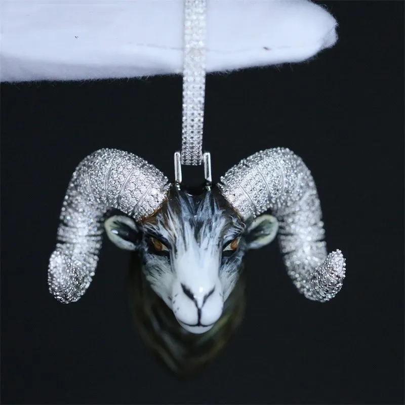 JEWE Custom Enamel Goat Head Animal Pendant S925 Silver White Gold Plated Vvs Moissanite Diamond Iced Out Necklace Chain Jewelry