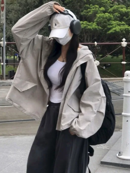 

Sli Retro Streetwear Neutral Long Sve Hooded Jaet Coat Women's Zipper Loose Matching Outerwear Autumn Faion