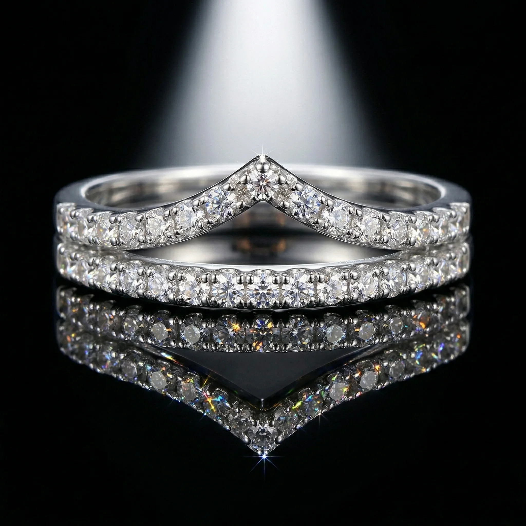 

V-Shape Double Row Moissanite Ring Set, 925 Sterling Silver, D Color VVS1, Pave Setting, Stackable, Unisex, With Certificate