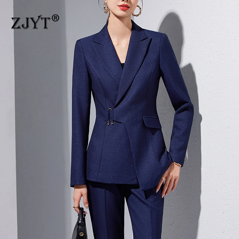 

ZJYT Women's Blazer Pants Set Two Piece Suit Autumn Korean Style OL Business Formal Outfit Plus Size Long Sleeve Jacket Trousers