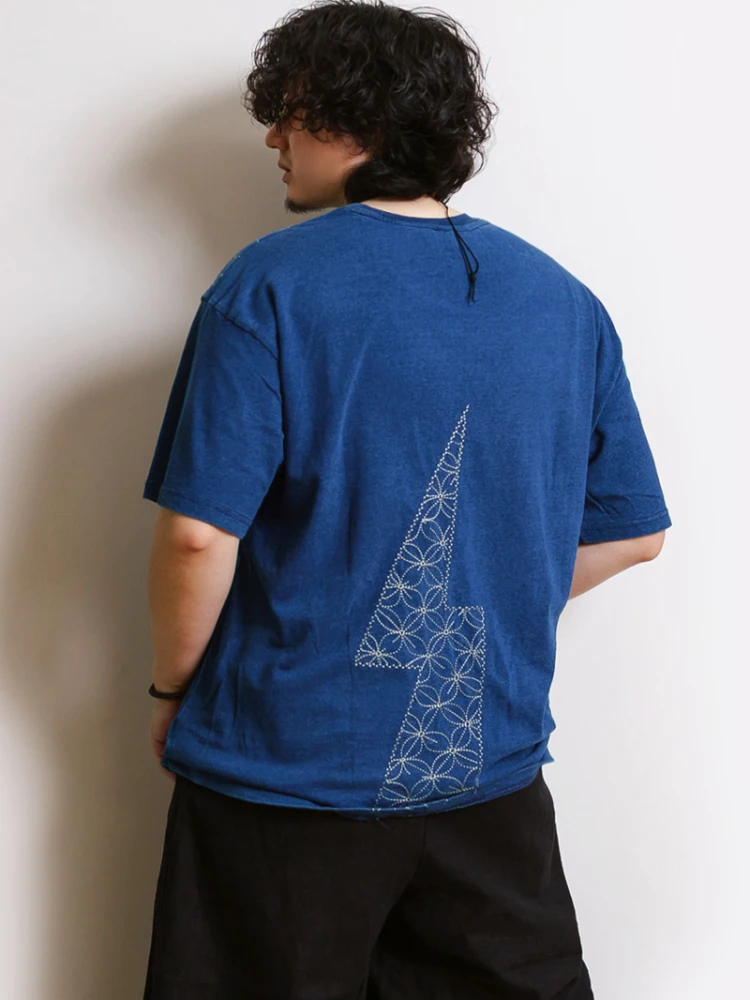 تي شيرت قطني كاجوال بأكمام قصيرة بنمط ياباني مصبوغ باللون الأزرق من القطن الخالص فضفاض للصيف برقبة مستديرة يواكب اتجاهات الشباب #3